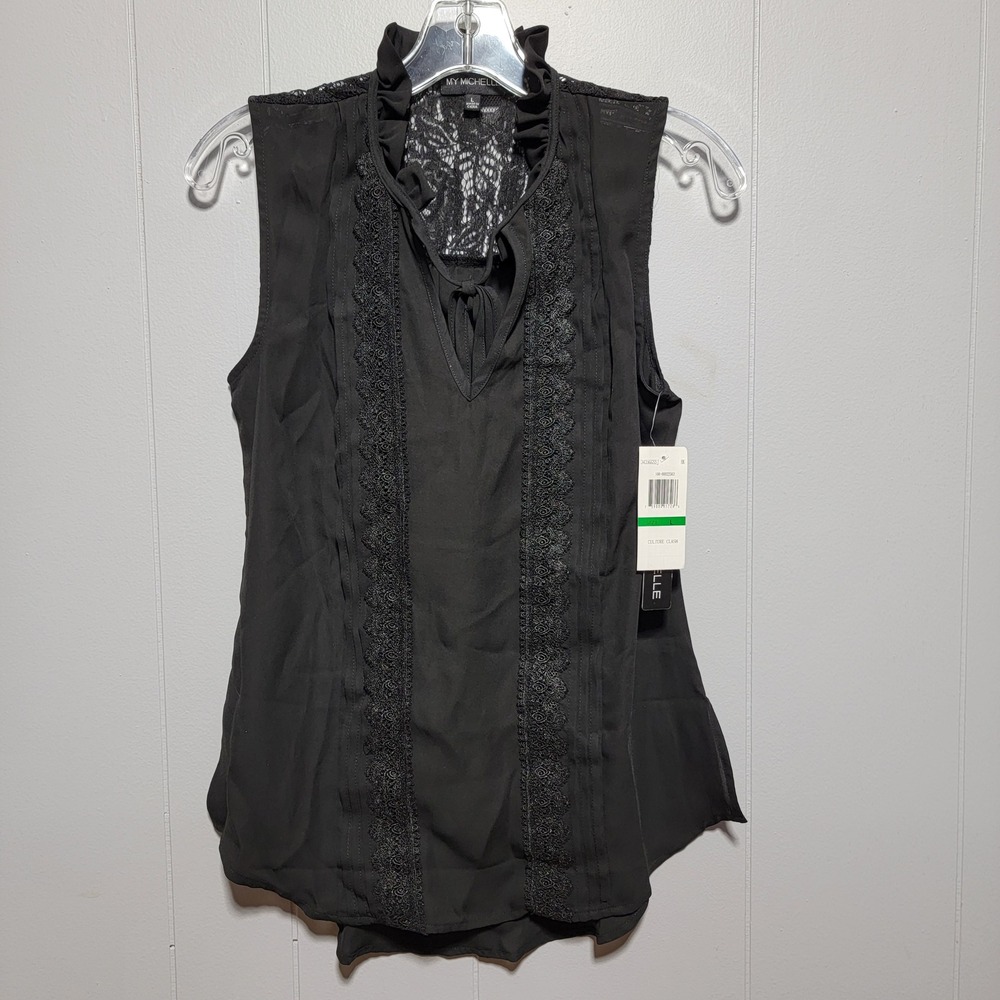My Michelle Black Sleeveless Lace Trim Ruffle Neck Blouse 3435GGSSJ Large NWT